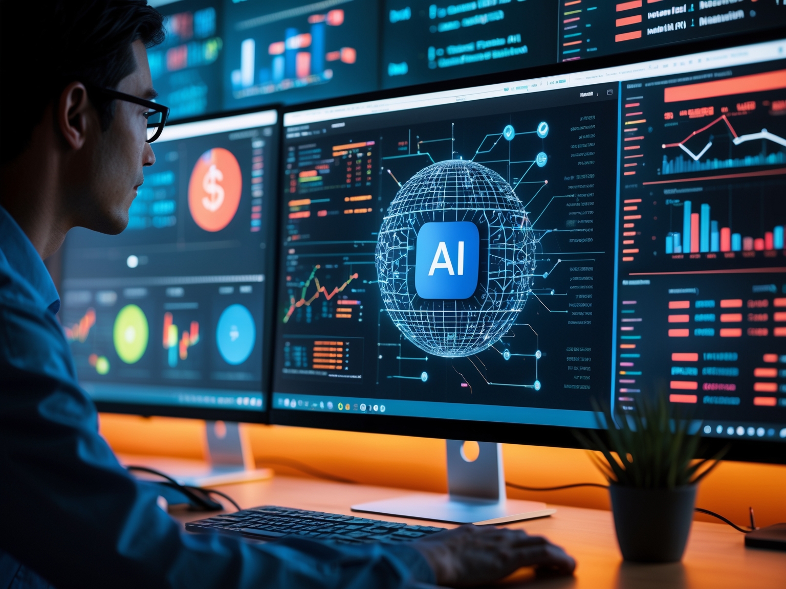Computer screens displaying AI algorithms and financial data visualizations