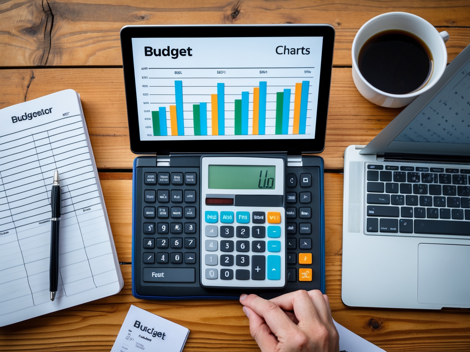 Calculator, notebook, and laptop displaying budgeting charts on wooden desk