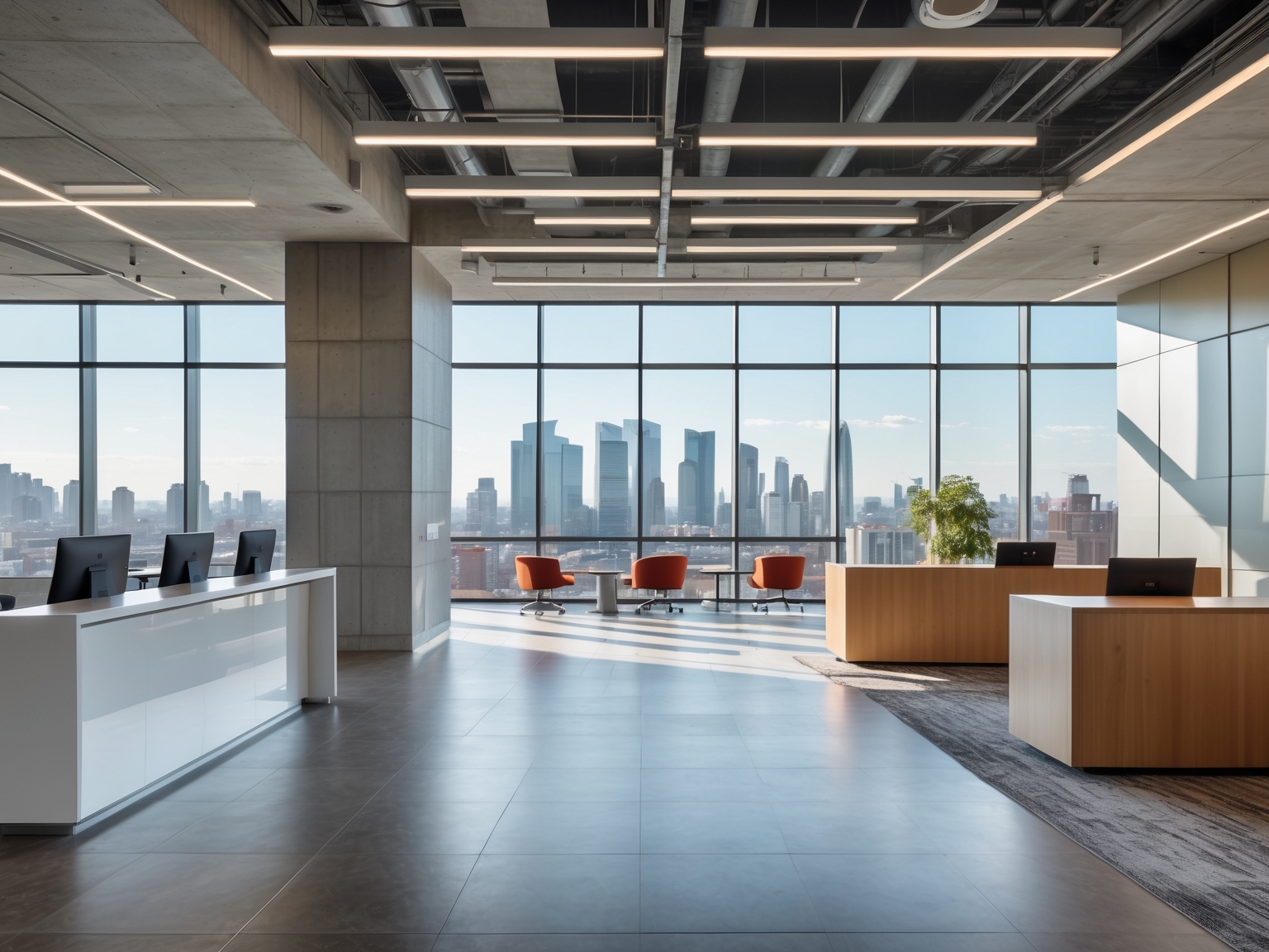 Reception area in modern office building with desks and city view