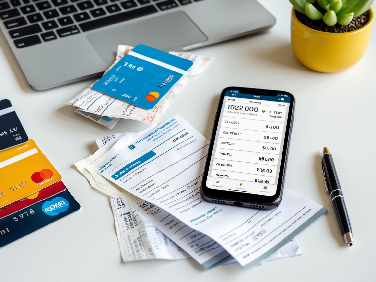 Receipts, credit cards, and mobile phone with expense tracking app on clean desk