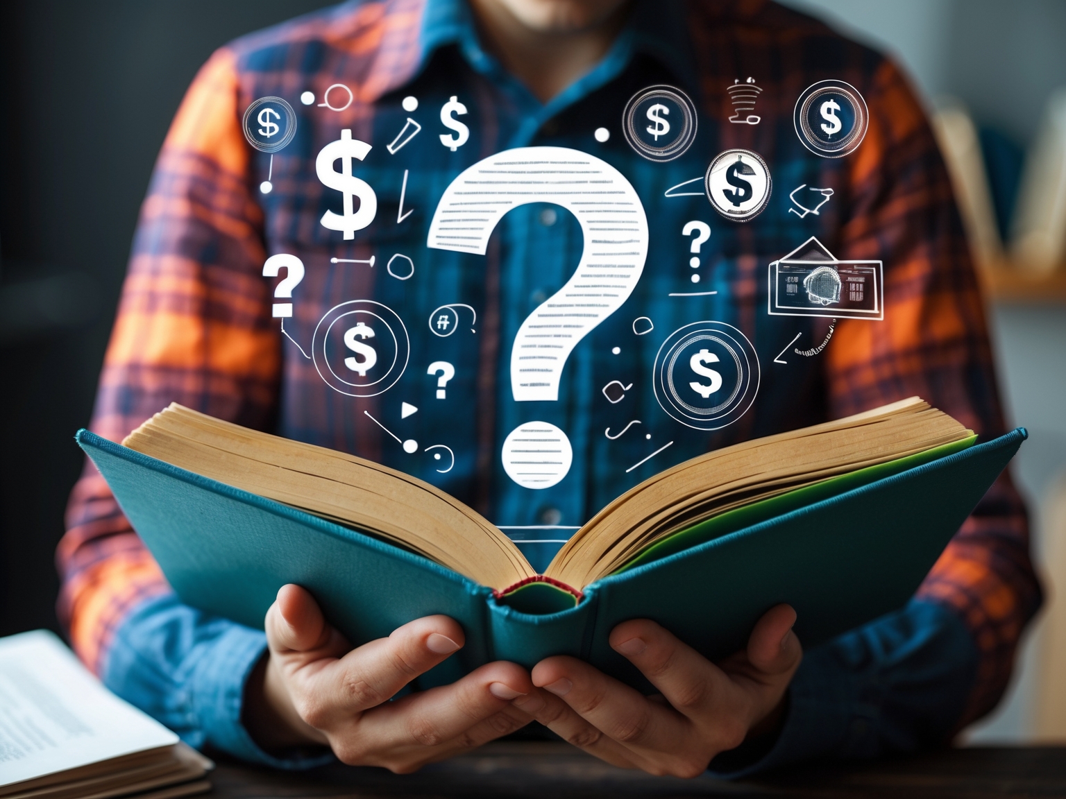 Person reading question mark illustrated book with financial symbols around