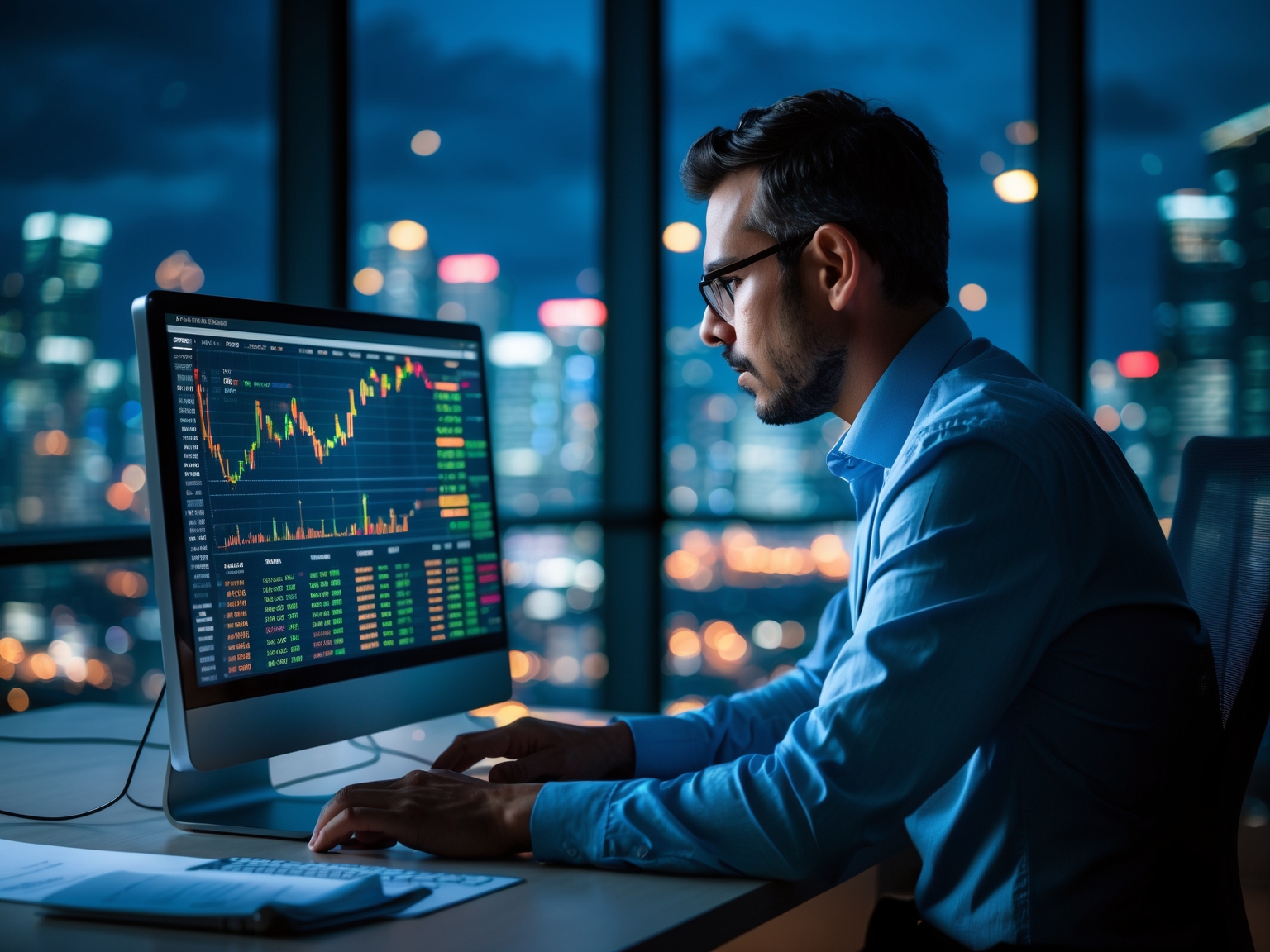 Professional analyzing financial data on computer screen in modern office at night with city lights