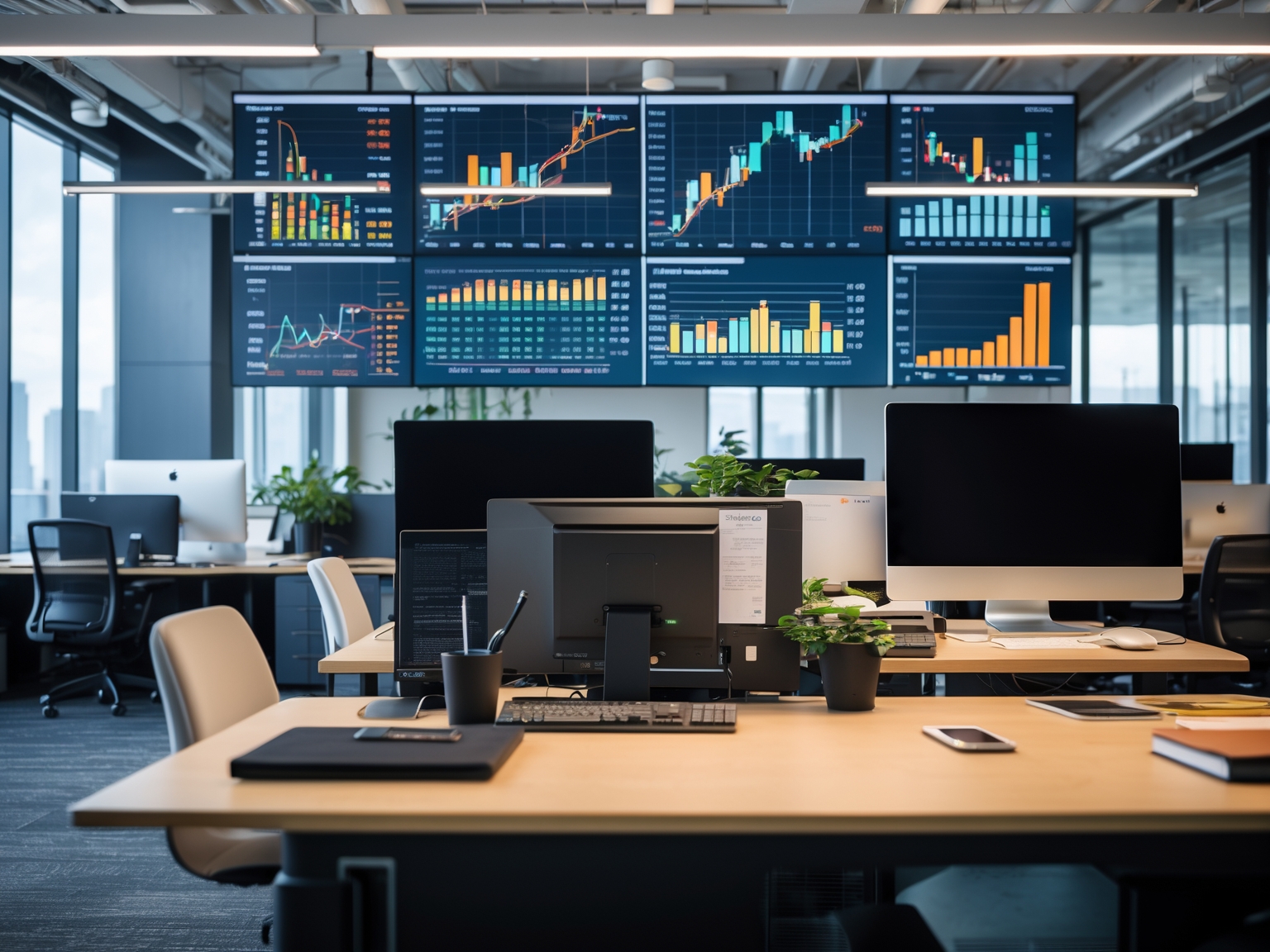 Modern office space with desks, computers, and financial charts on screens