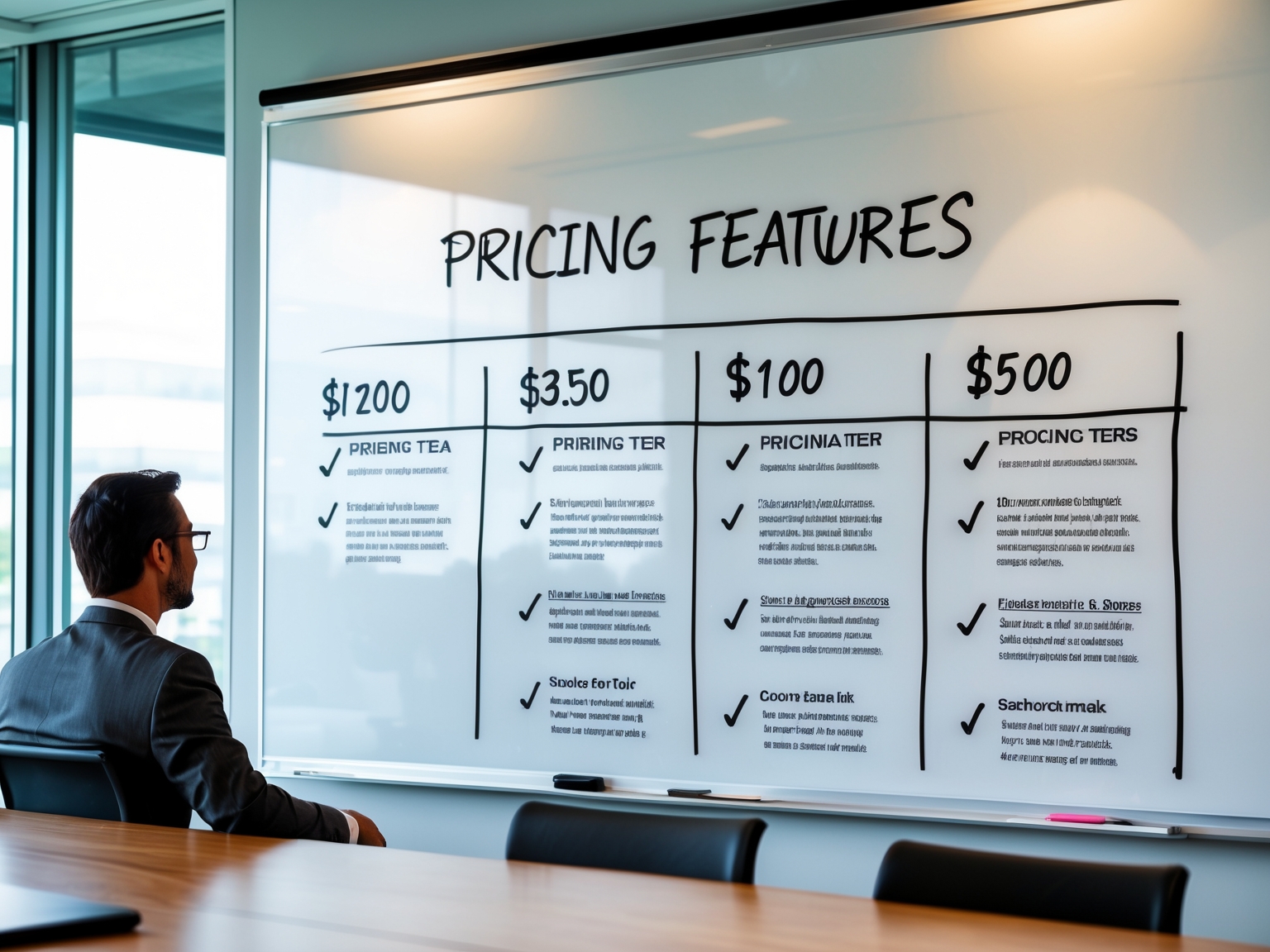 Whiteboard with pricing tiers and features listed in meeting room