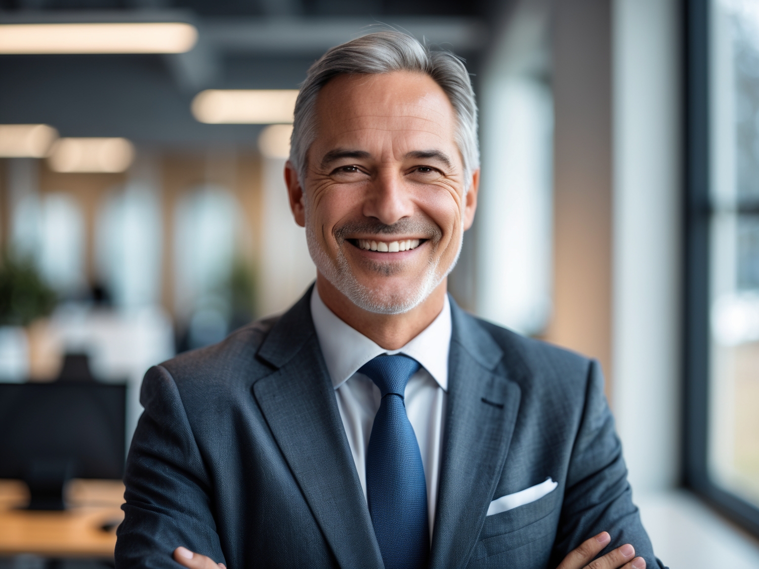 Professional headshot of middle-aged man in suit smiling confidently in office environment