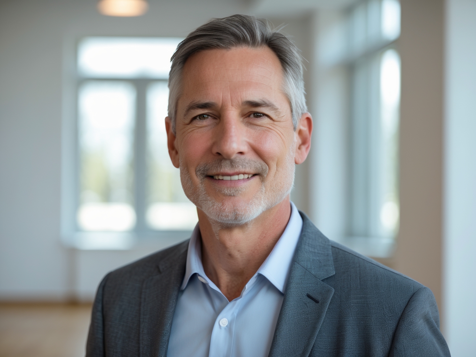 Professional headshot of middle-aged man in casual professional wear in bright room