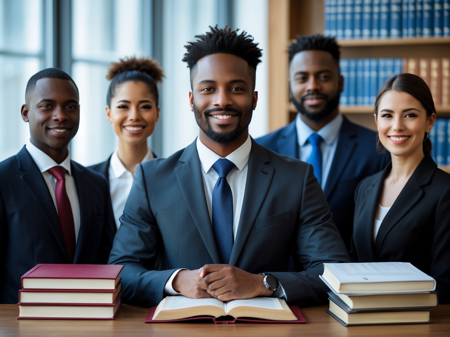 Professional headshot of diverse group member in formal attire posing near financial books